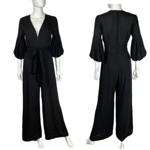 Reina Diaz Deep V-Neck Bishop Sleeve Black Pantsuit Jumpsuit